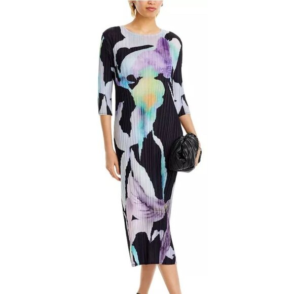 Nancy Yang Art-Inspired Midi Dress Abstract Floral Pleated Medium NWT - Picture 1 of 7